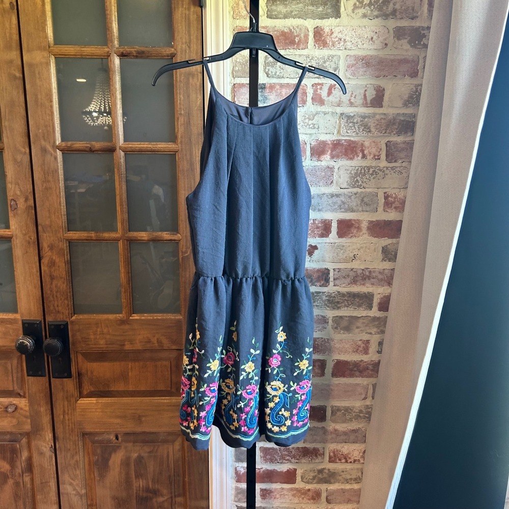 IN San Francisco Mini Dress Women Navy Blue Floral Embroidered Halter XL